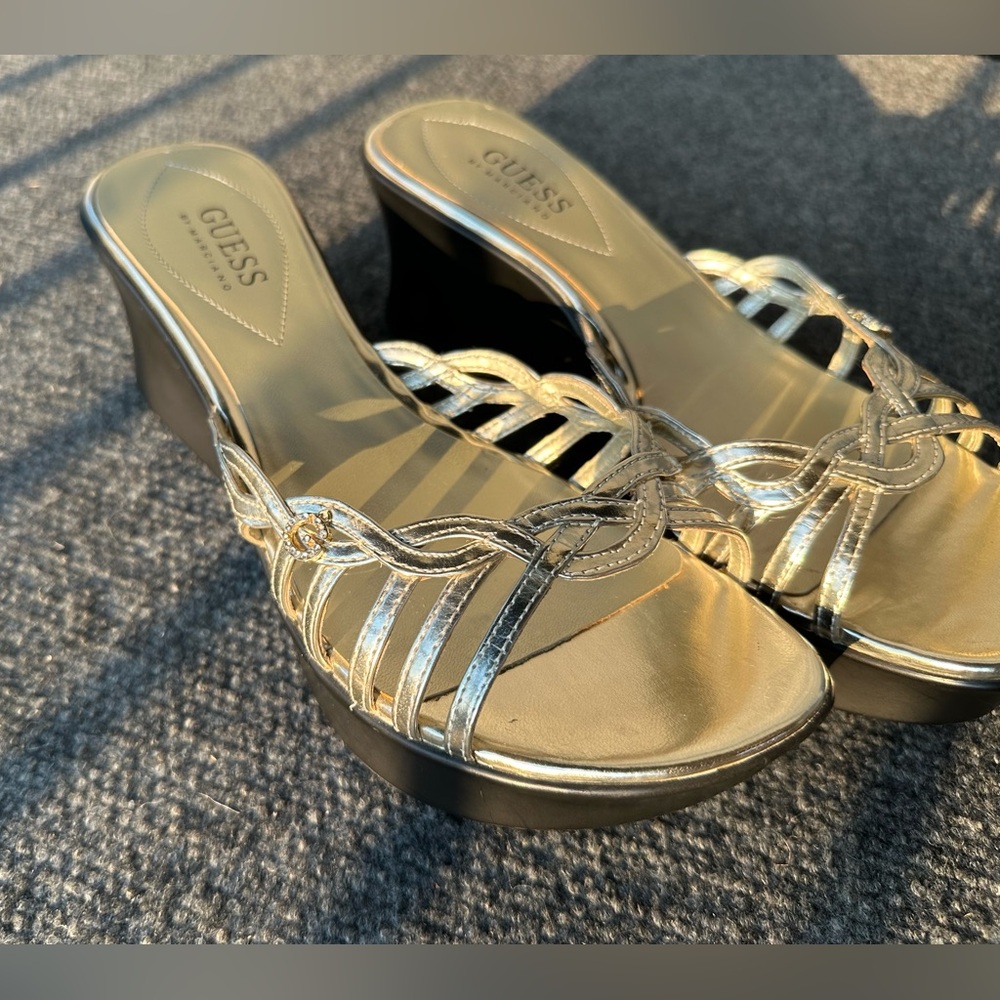 Gold strappy Guess platform/wedges